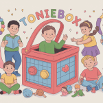 Tonieboxes entouré d’enfants et figurines, ambiance chaleureuse