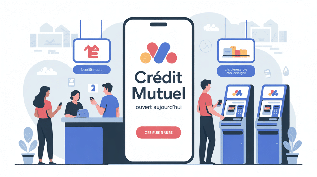 Crédit Mutuel ouvert aujourd hui illustration agence banque physique et en ligne
