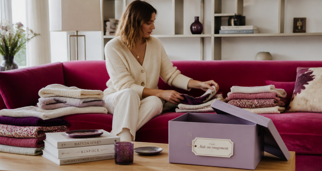 aide rangement maison salon femme trie vêtements