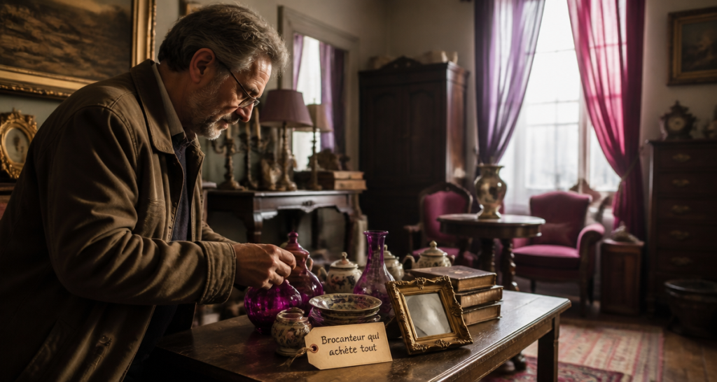 brocanteur qui achète tout inspecte objets anciens