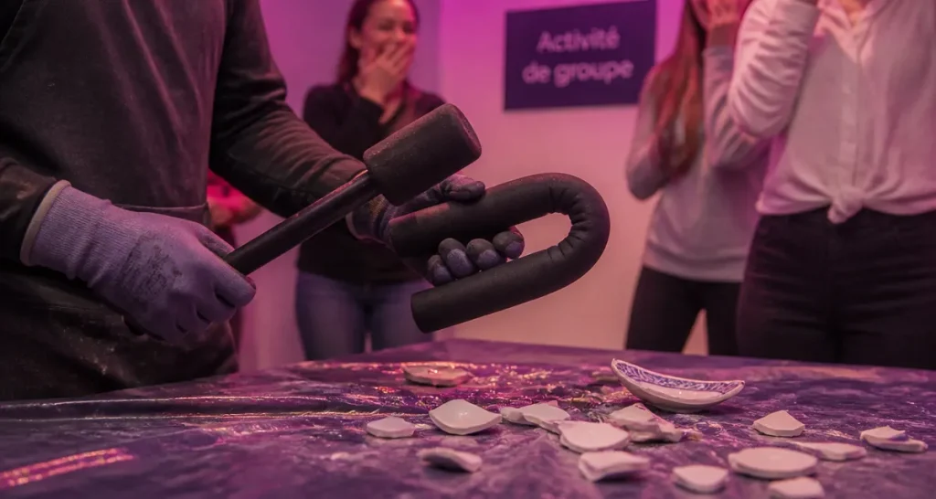 Activité de groupe originale : mains, matraque mousse et équipe qui rit