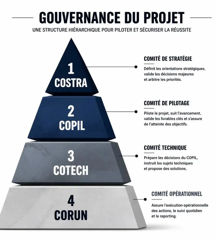 Schéma de la gouvernance du projet : hiérarchie des instances COSTRA, COPIL, COTECH et CORUN.