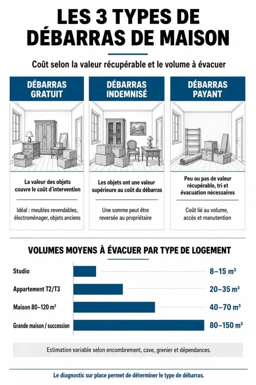 Infographie des services d'une entreprise qui vide les maisons : tarifs et volumes
