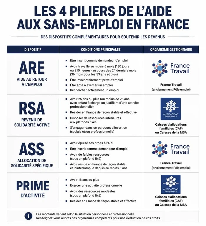 Infographie comparative des aides pour les sans emploi en France : ARE, RSA, ASS et Prime d'activité.