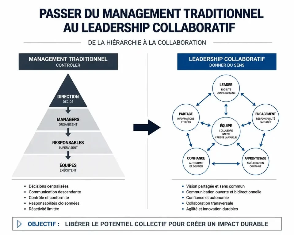 Infographie comparant le management traditionnel pyramidal et le leadership collaboratif horizontal pour une meilleure compréhension du leadership collaboratif.