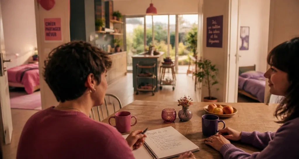 Habitat partagé : résidents échangent dans une maison, cuisine commune et vie privée