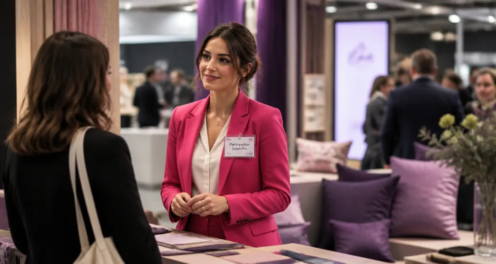 Participation salon professionnel femme tailleur rose stand design