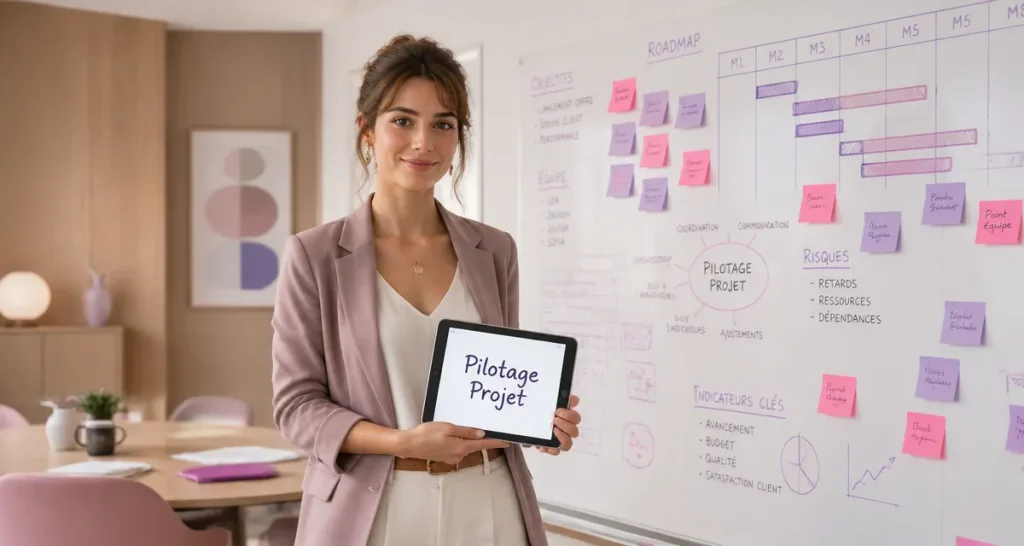 Pilote projet femme devant tableau Gantt