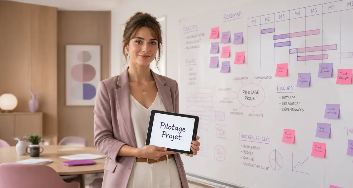 Pilote projet femme devant tableau Gantt