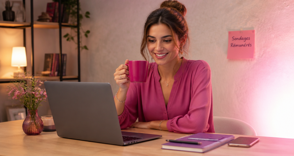 femme répondant à un sondage remunéré sur ordinateur