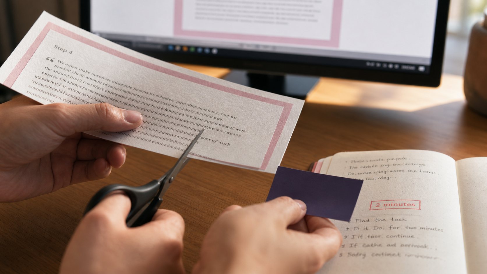 Arrêter de procrastiner : attention claire, post-it violet et page imprimée