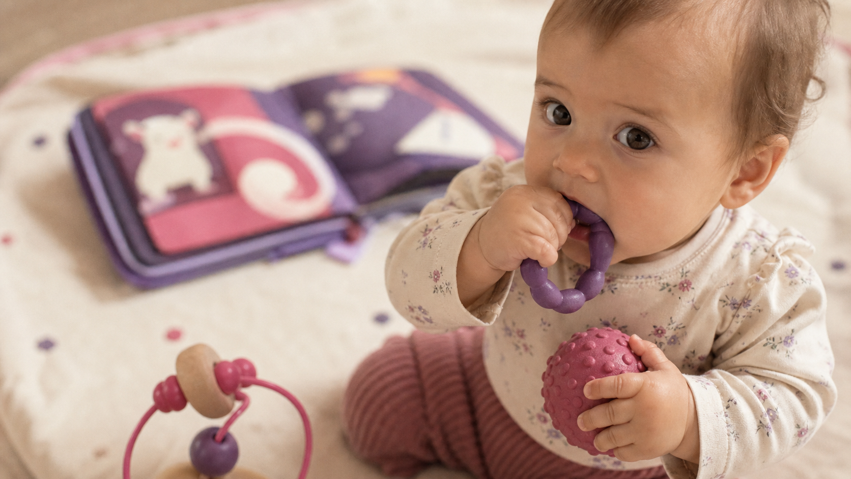 Jouet enfant 6 mois : bébé avec hochet et balle texturée