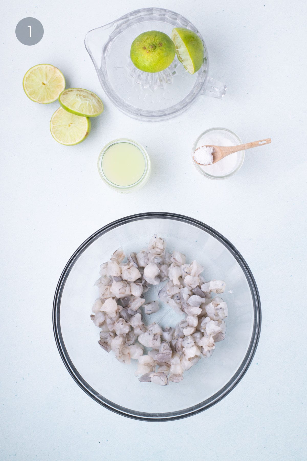 Raw shrimp marinating in lime juice for shrimp ceviche recipe