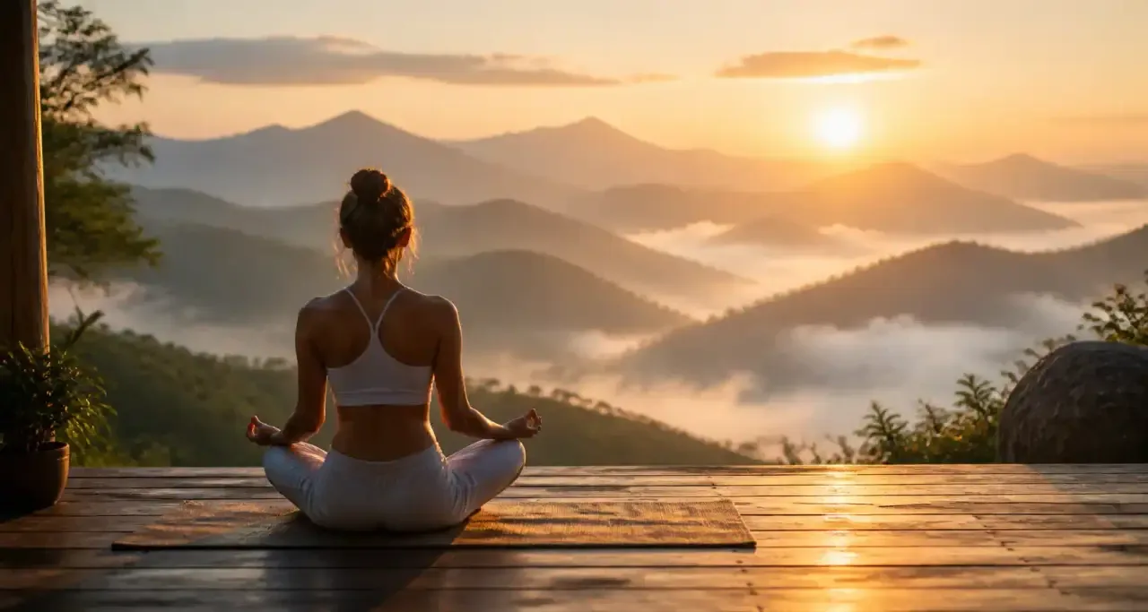 Posture du lotus face au lever de soleil sur la montagne