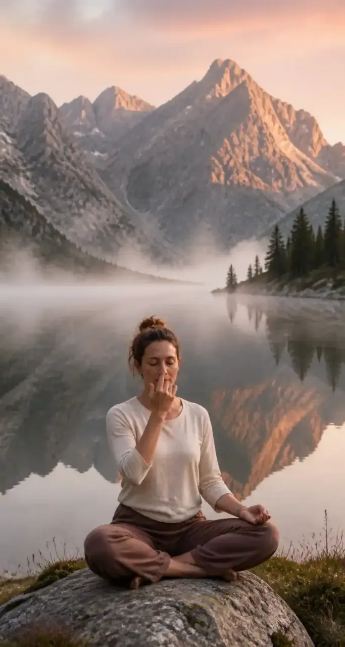 Respiration au bord d'un lac alpin dans la brume du matin