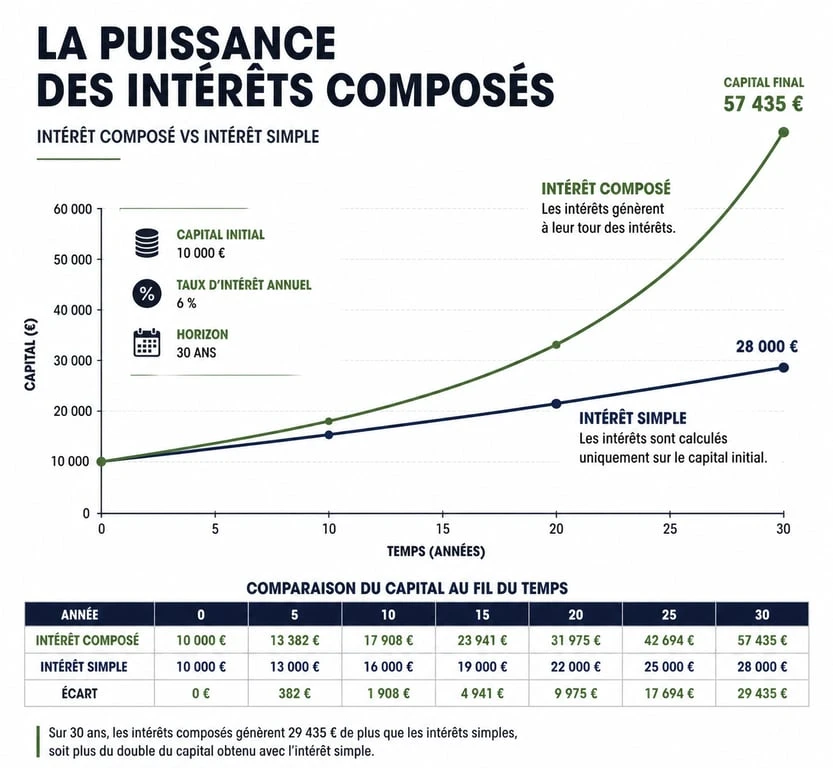 Graphique comparatif de la croissance d'un capital avec intérêts composés vs intérêts simples