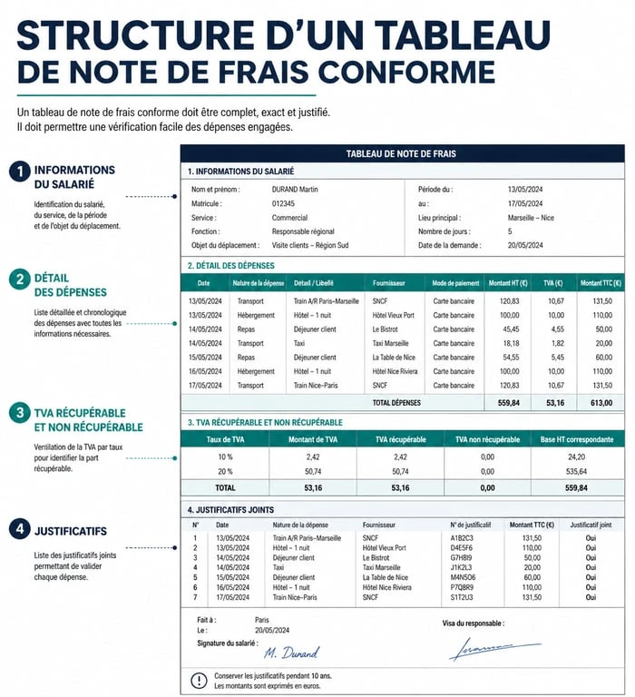 Structure d'un tableau de note de frais conforme