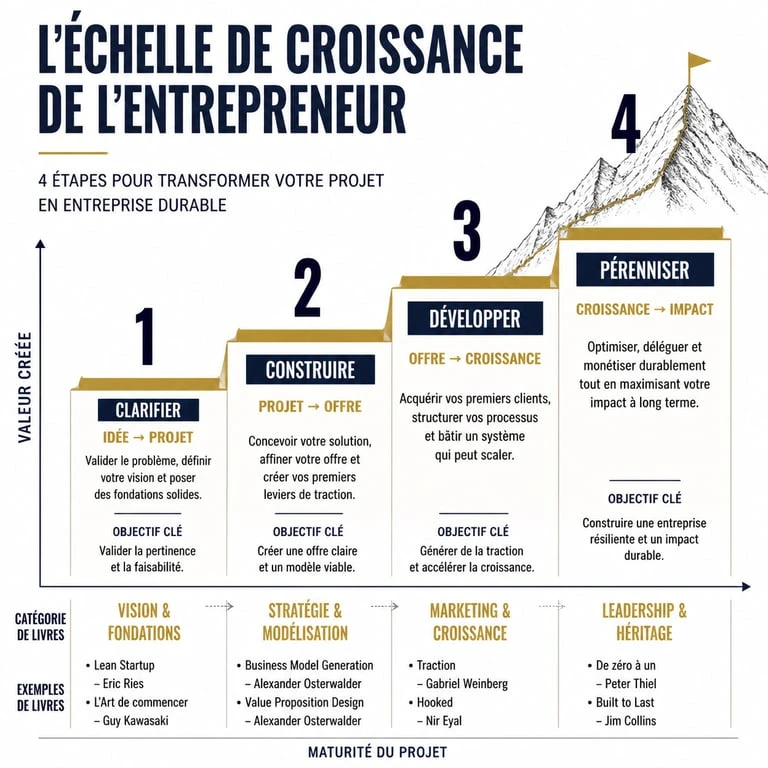 Infographie des étapes de développement entrepreneurial et types de livres recommandés