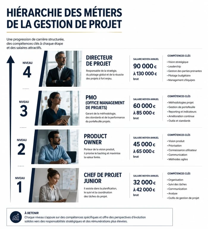 Infographie des métiers de la gestion de projet : rôles, salaires et compétences clés