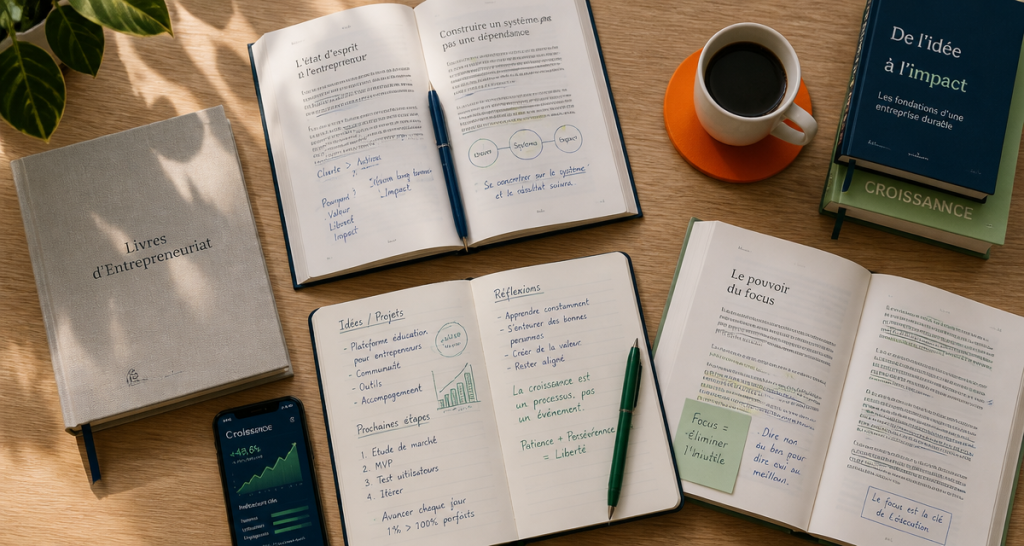 Entrepreneuriat livre flat lay sur bureau