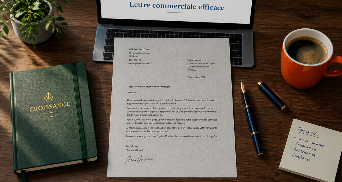 Lettre commercial exemple flat-lay sur bureau