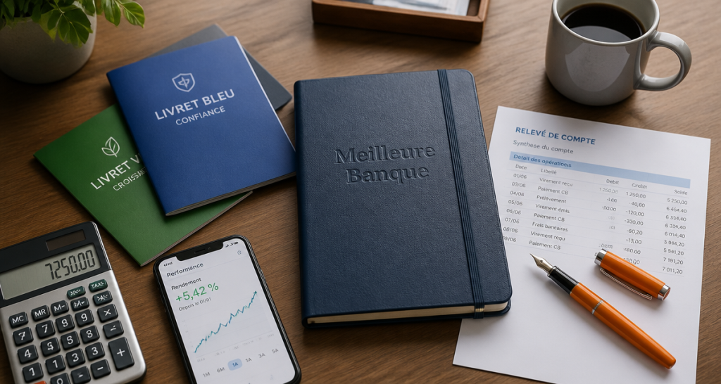 meilleur banque pour placer son argent, bureau avec livrets et smartphone