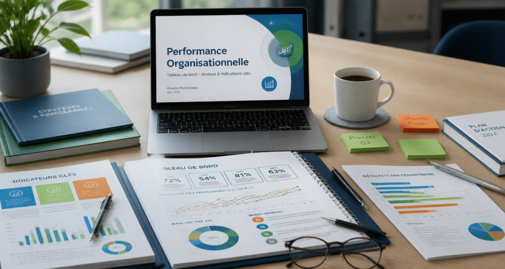 Bureau avec dossiers et KPIs sur la performance organisationnelle