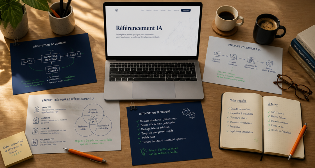 Référencement IA sur bureau avec schémas SEO