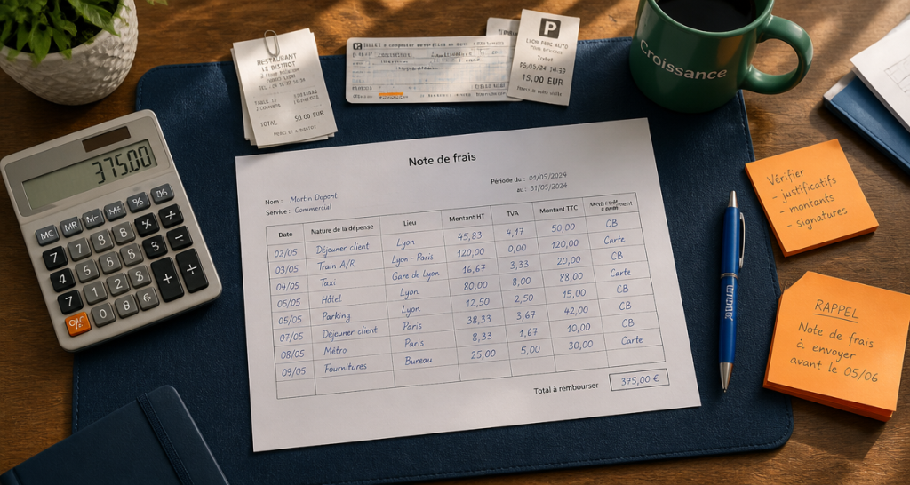 tableau note de frais sur bureau professionnel