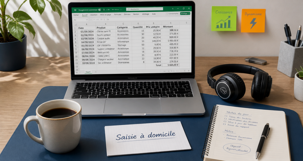 Télétravail à domicile saisie informatique ordinateur carnet café