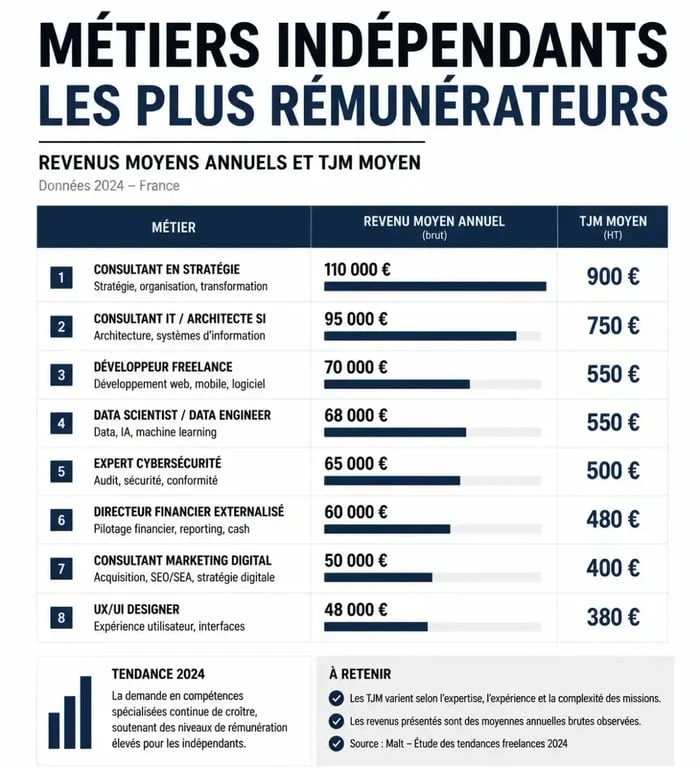 Infographie des métiers à son compte qui payent bien avec TJM et revenus