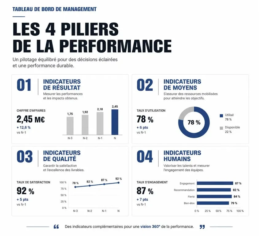 Schéma illustrant les quatre types d'indicateurs clés pour un tableau de bord de management efficace