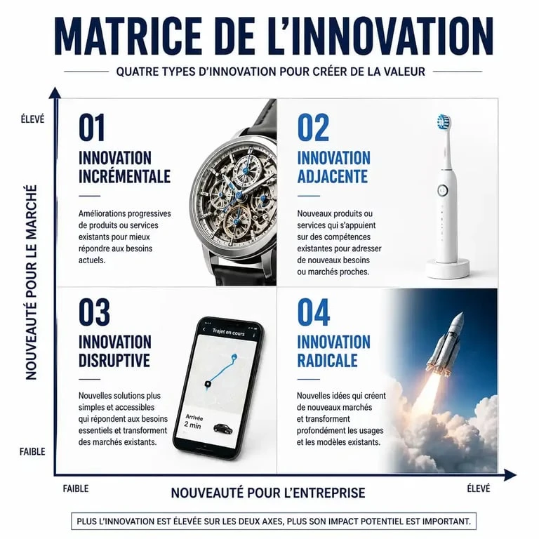 Matrice des types d'innovation : incrémentale, adjacente, de rupture et radicale