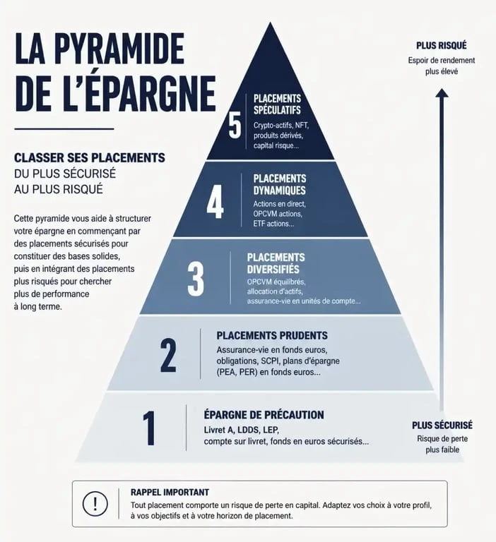 Infographie sur la pyramide des placements pour savoir où mettre son argent en 2026