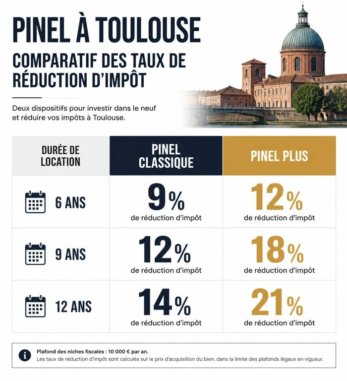 Comparatif des taux de réduction d'impôt Pinel et Pinel Plus à Toulouse pour un investissement locatif