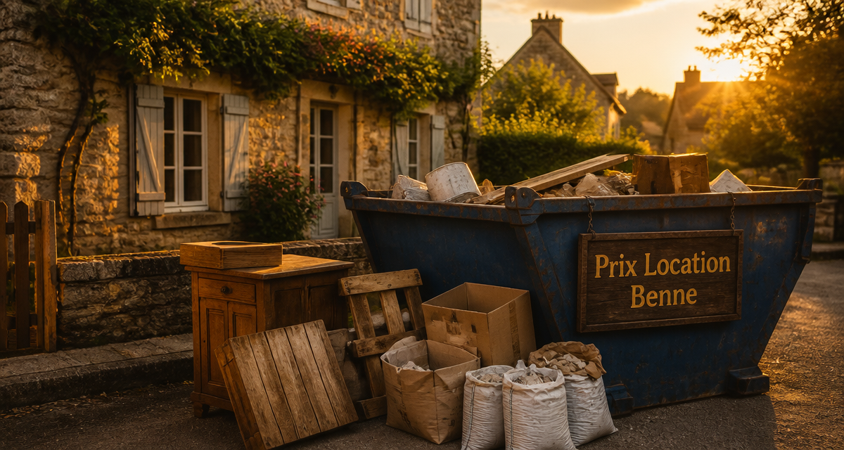 prix location benne pour vider maison devant maison en pierre