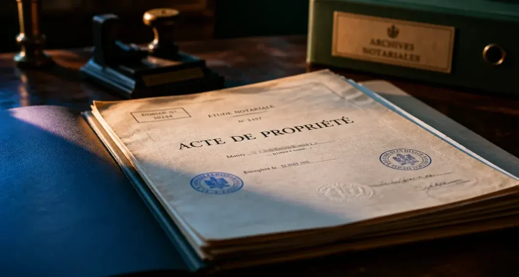 Acte de propriété maison, dossier notarial sur table