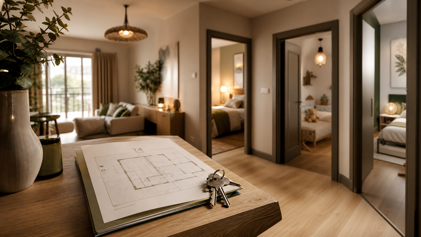 Appartement T4 avec 3 chambres, clés et salon lumineux