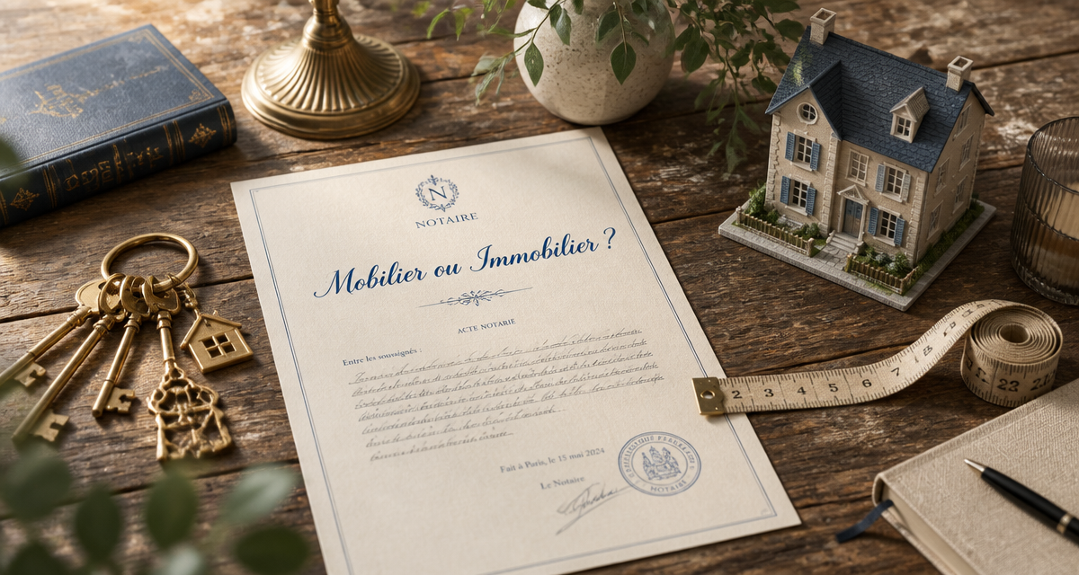 Bien mobilier ou immobilier, objets et acte notarié sur table