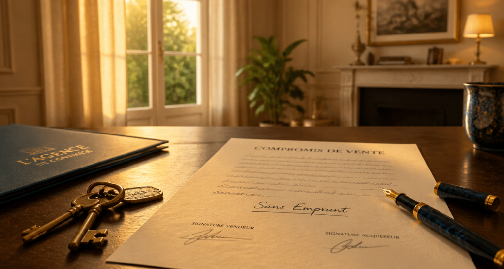compromis de vente sans emprunt manuscrit avec clés et stylo