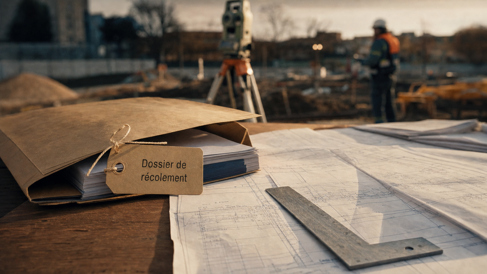 Dossier de récolement : plans et calque sur table de chantier