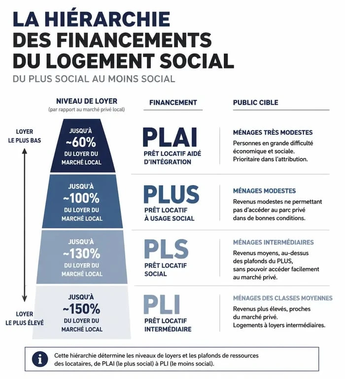 Infographie comparative des types de logements sociaux HLM : PLAI, PLUS, PLS et PLI pour comprendre le loyer modéré.