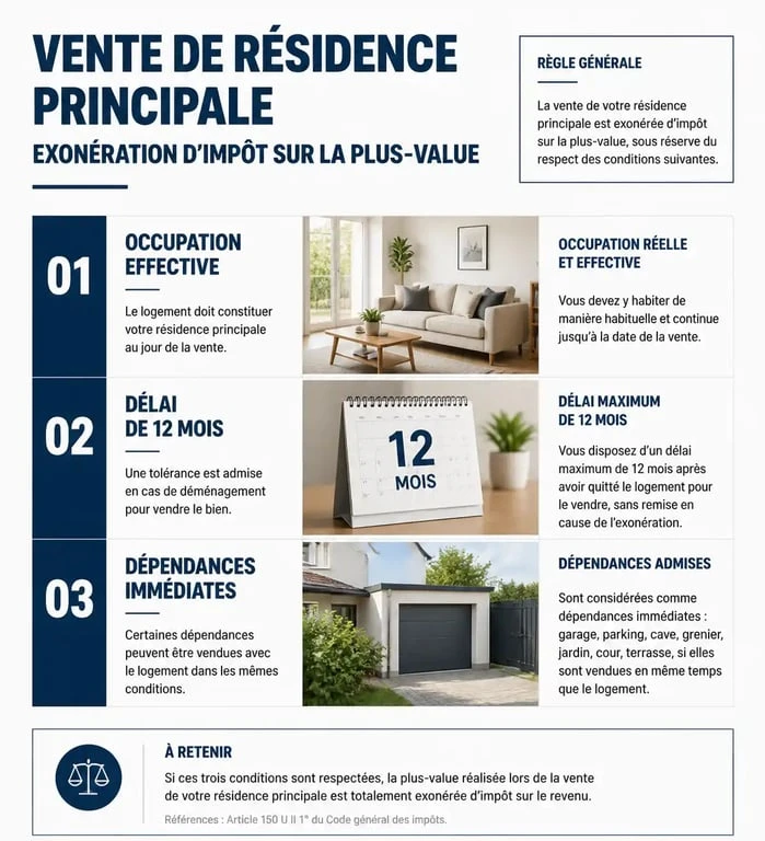 Schéma récapitulatif des conditions d'exonération fiscale pour la vente d'une résidence principale