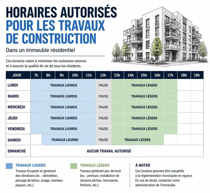 Infographie des horaires autorisés pour les travaux en copropriété
