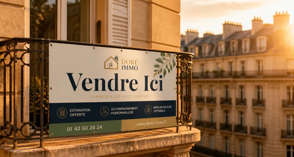 panneaux agence immobilière Akilux sur balcon parisien
