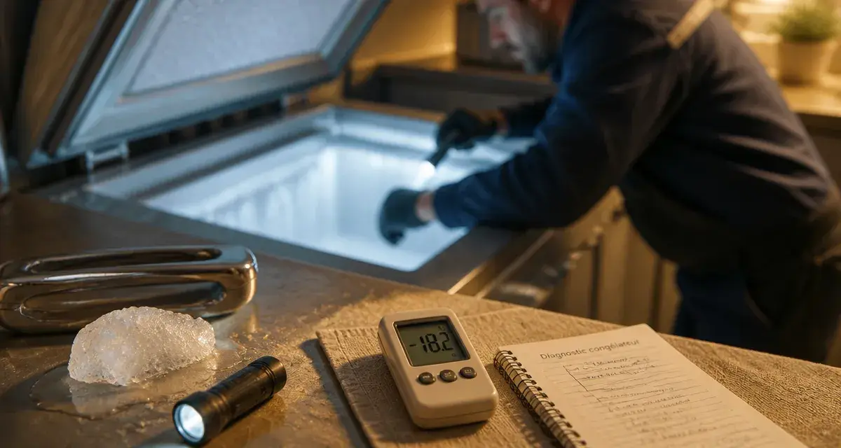 Réparation congélateur : diagnostic de panne, technicien vérifie le congélateur ouvert