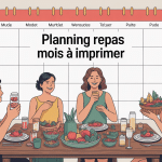 planning repas mois à imprimer illustré avec famille et calendrier