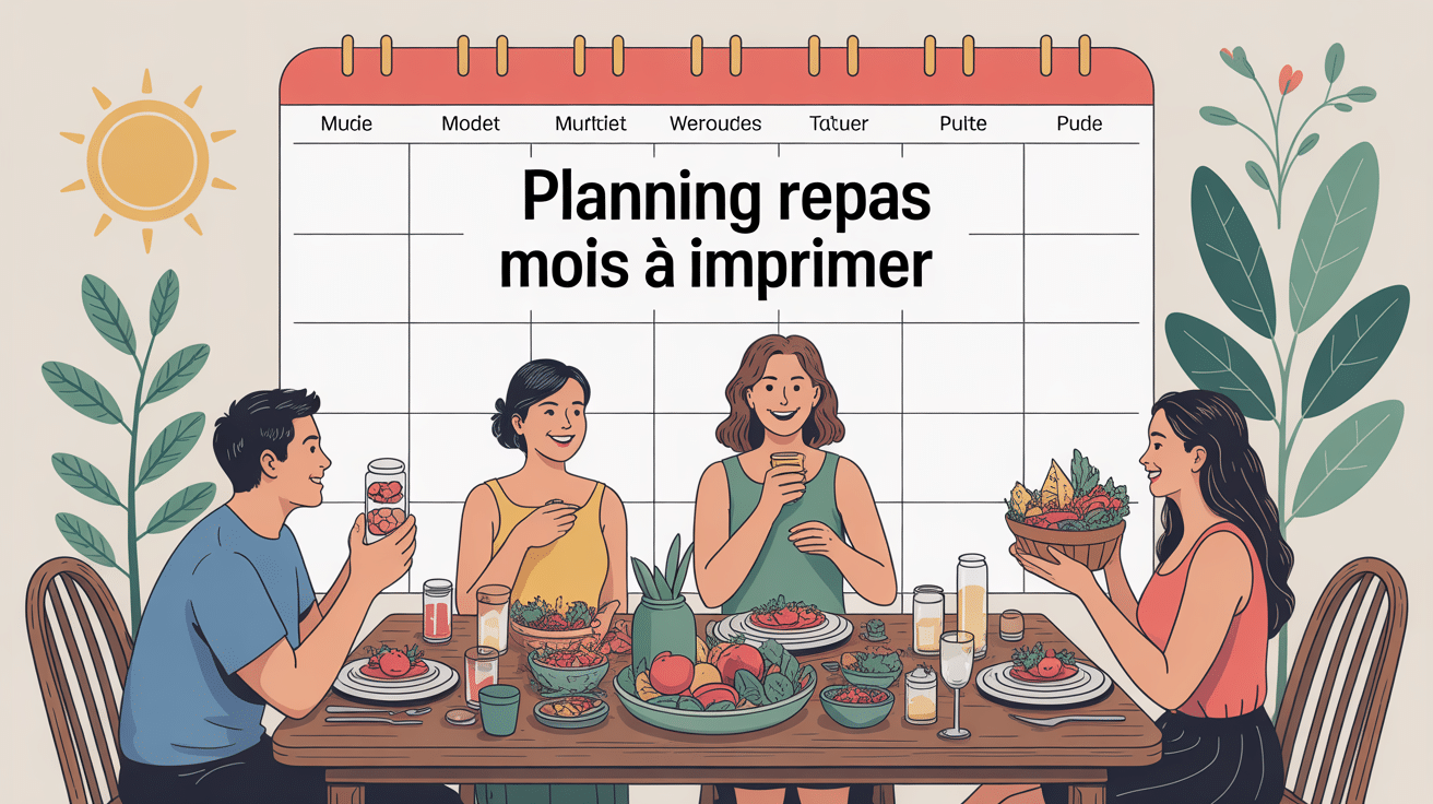 planning repas mois à imprimer illustré avec famille et calendrier