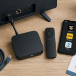 boîtier tv sans abonnement sur table avec applications