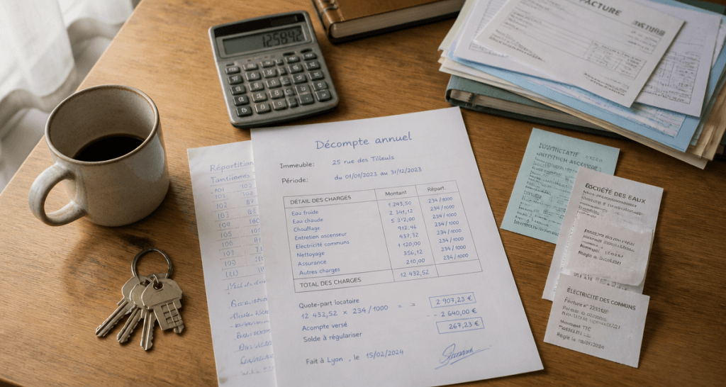 Décomptes de charges locatives sur bureau avec calculatrice et documents